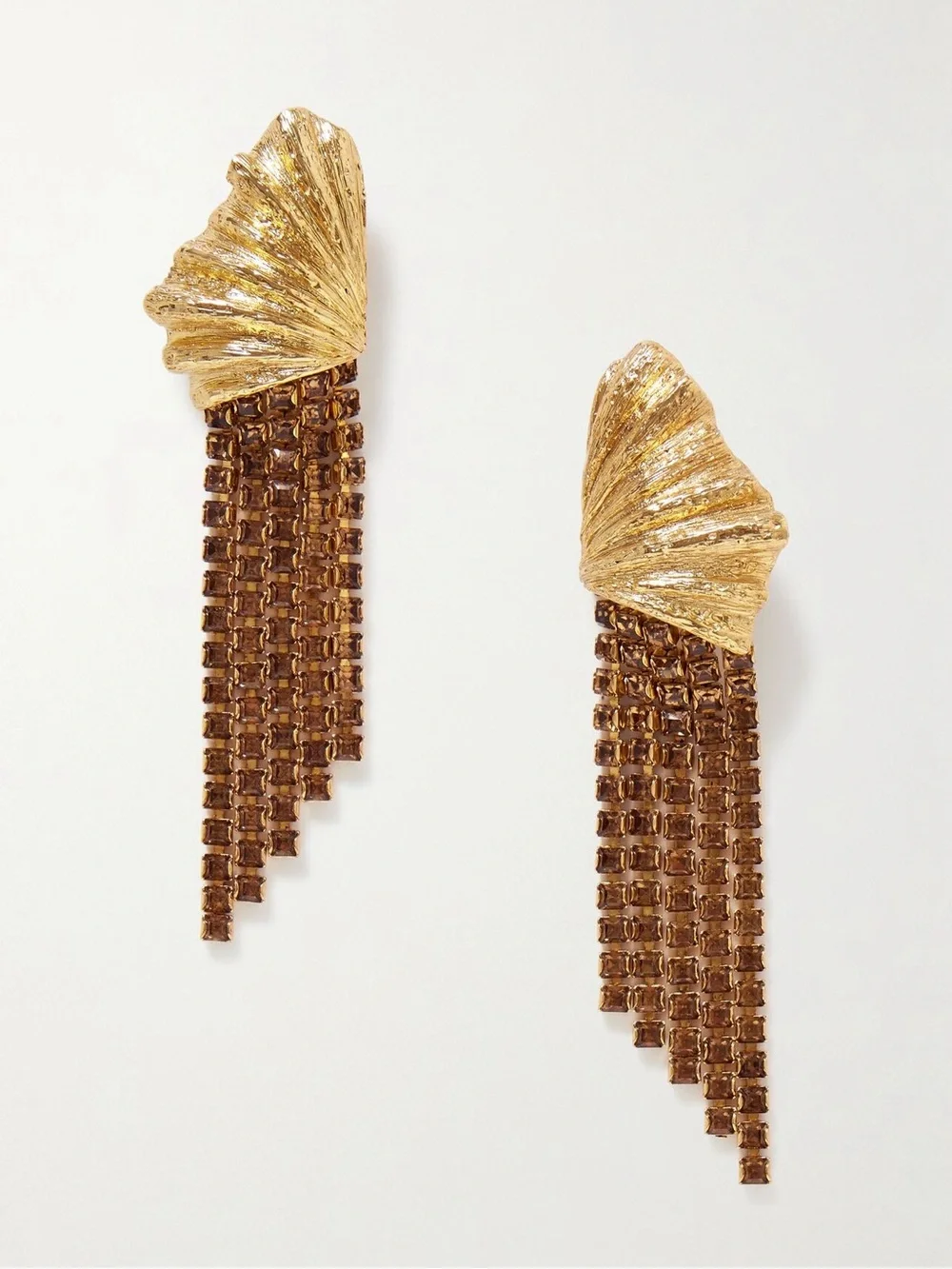 Oscar de la Renta Gold Shell & Crystal Fringe Clip-On Earrings